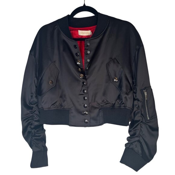 NWT Choosy Womens Size 12 Black Cropped Bomber Jacket Red Lining - Picture 1 of 13